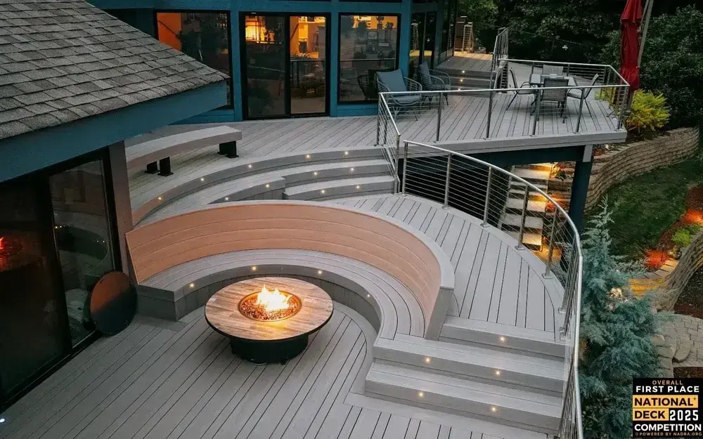 aerial-view-of-the-custom-pvc-deck-with-lights-steps-and-outdoor-living-dining-area-and-fire-pit-with-cable-railing-in-tacoma-wa