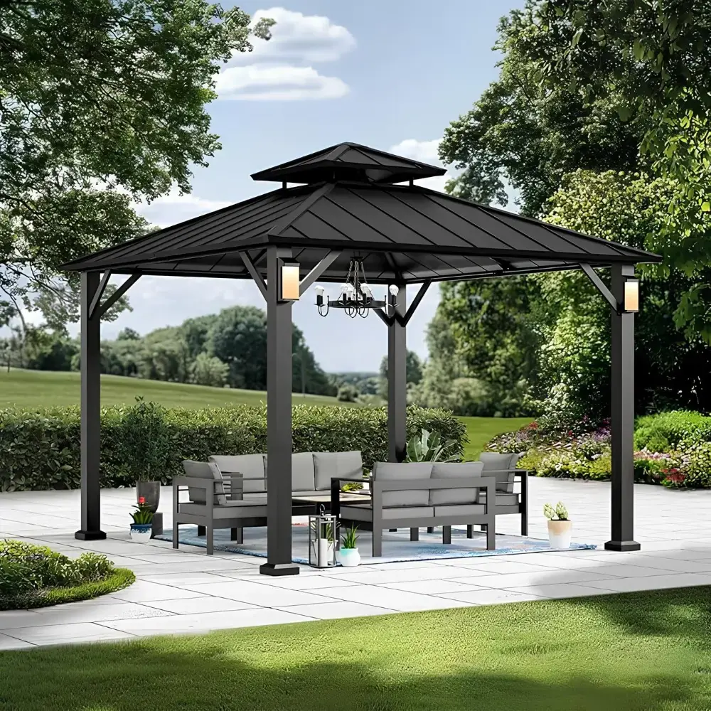 black-custom-gazebo-with-outdoor-living-sofa-and-greenery-in-tacoma-wa