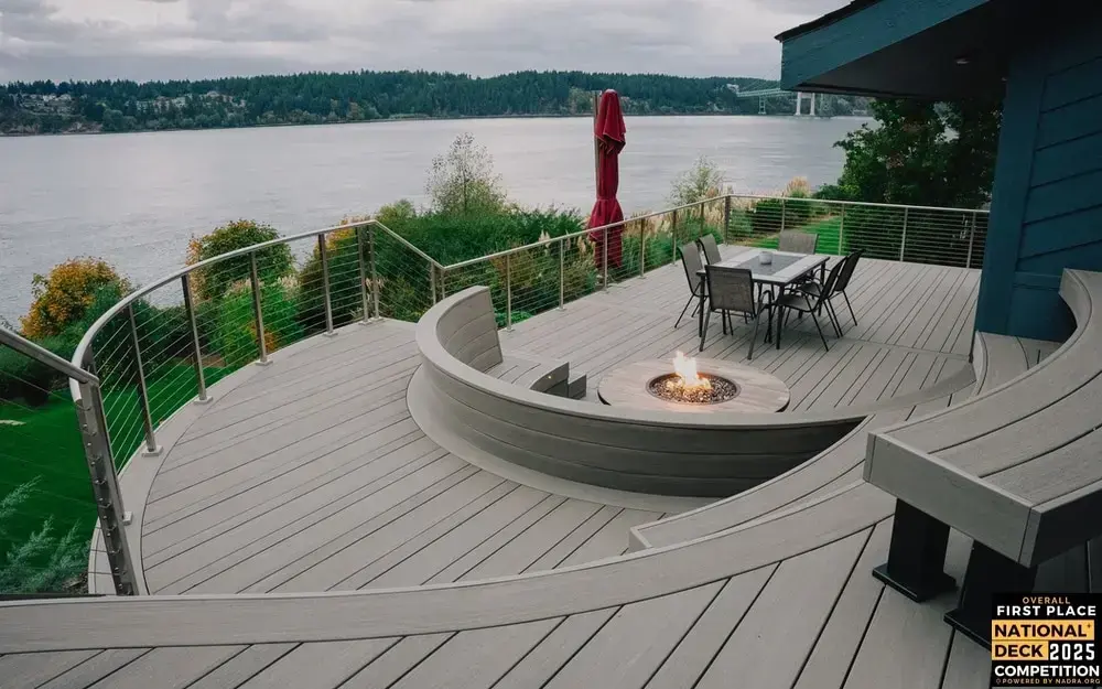 pvc-deck-with-bench-and-outdoor-living-dining-set-area-and-fire-pit-featuring-trees-and-lake-view-in-tacoma-wa