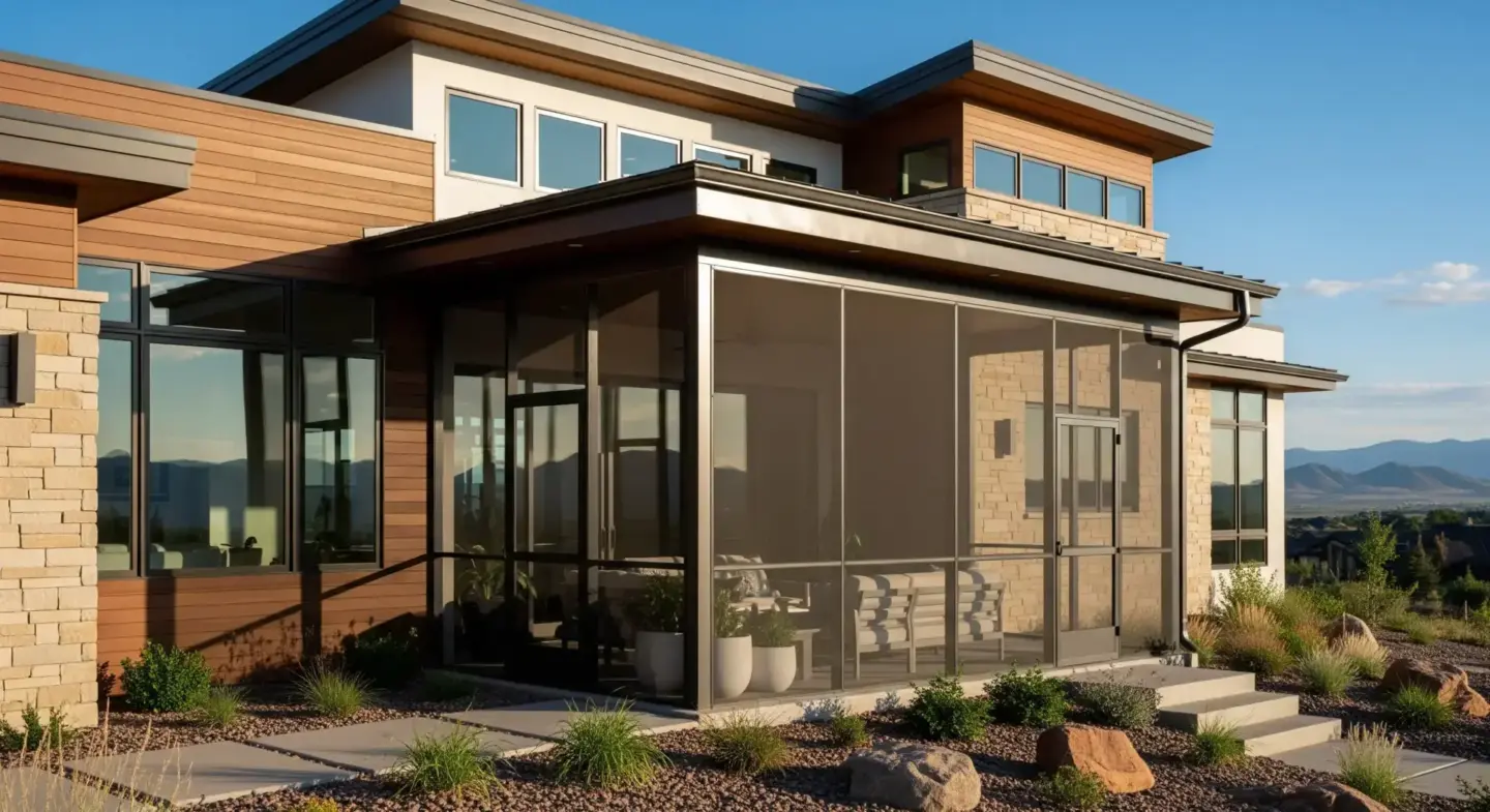 Sk Modern home with screened in porch stock photo