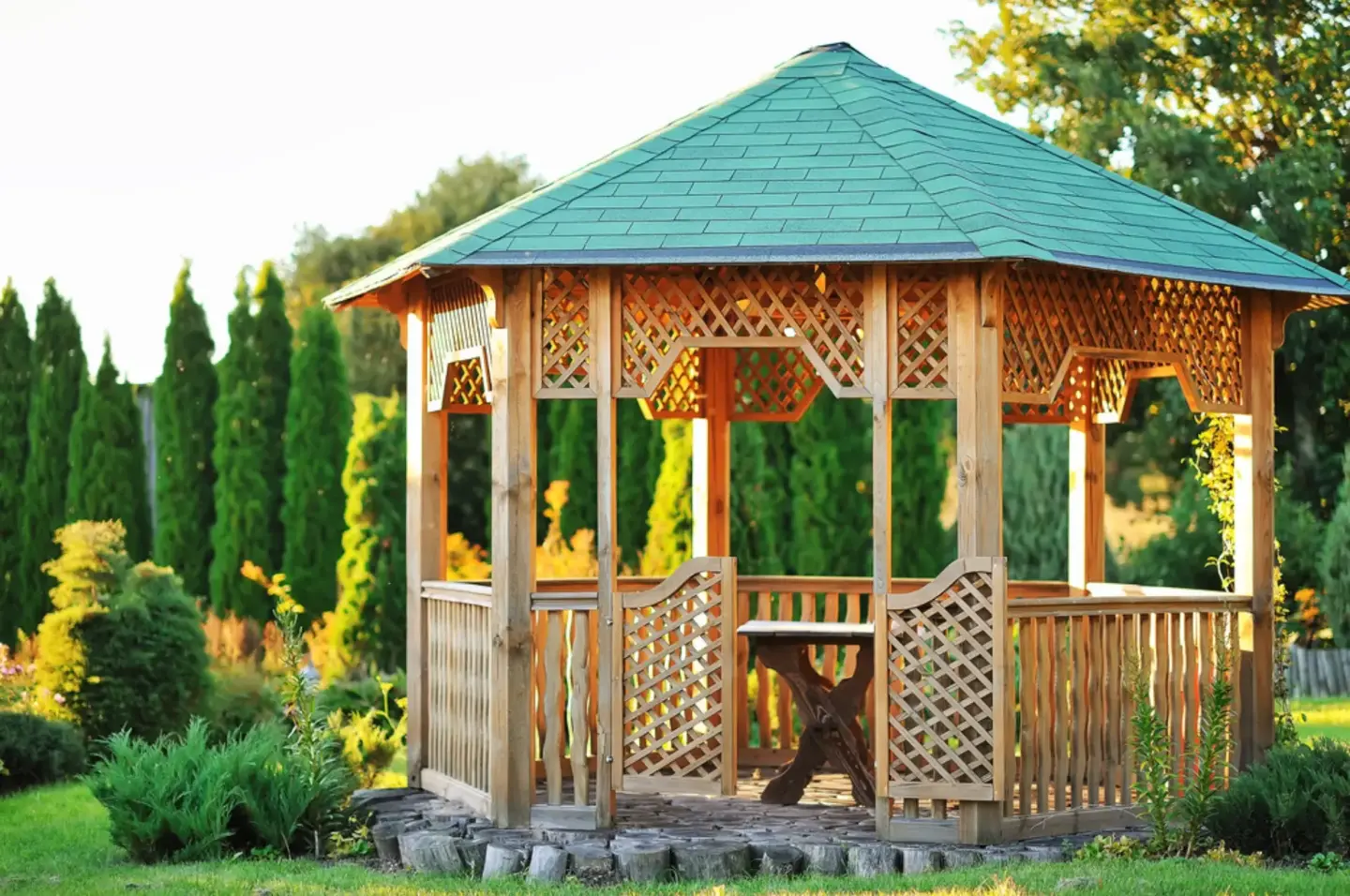 Sk outdoor wooden gazebo over summer landscape background