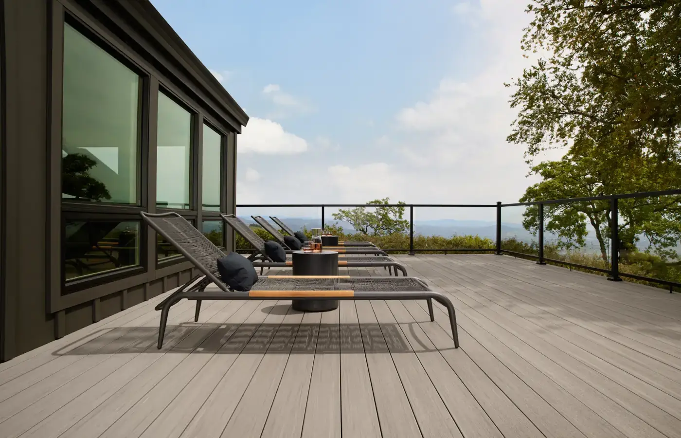 Sk tmb weathered teak black glass railing decking
