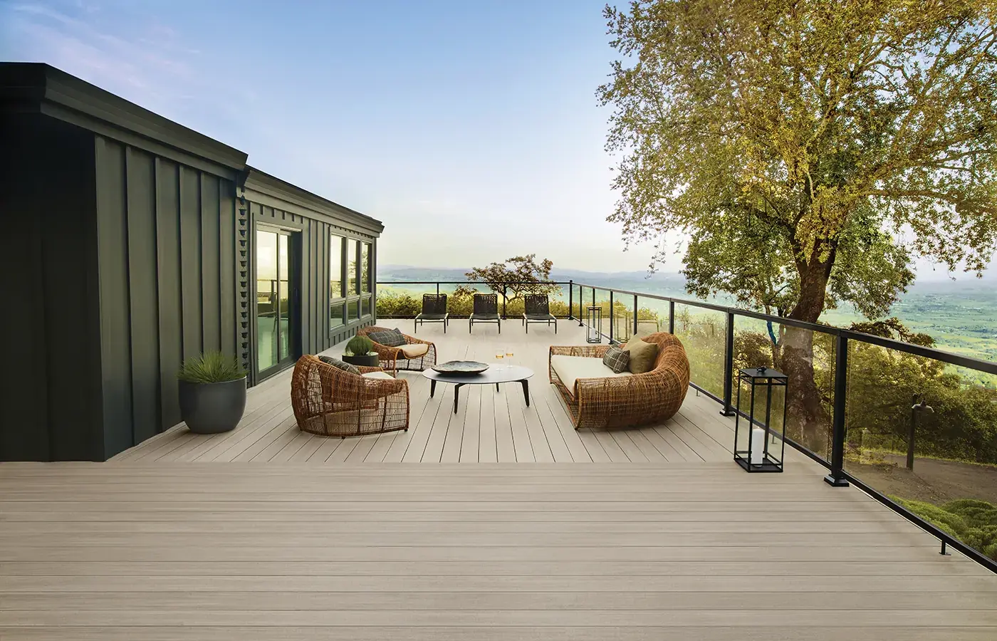 Sk tmb weathered teak black glass railing decking