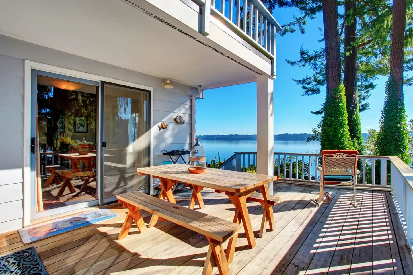 Sk walkout deck with wooden table set and amazing water view